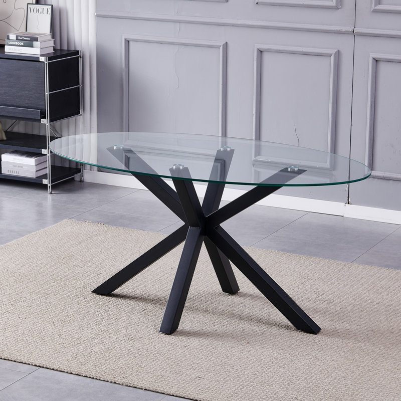 Oval Glass Top Metal Base Dining Table, 75cm H x 160cm W x 90" D