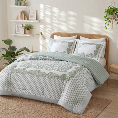 Ensemble de literie pour lit double et queen, couette réversible en coton riche, motif floral sauge