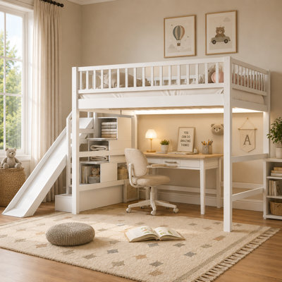Loft Bed with Built-in Storage Staircase, Convertible Slide, and Under-Bed LED Light Strip
