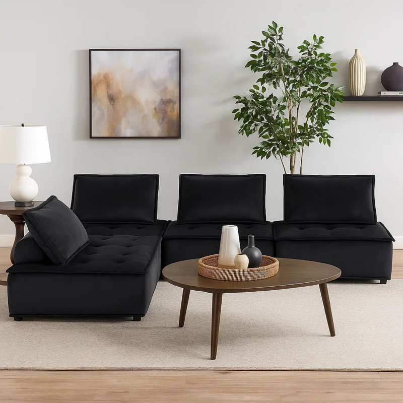 Canapé modulaire 4 pièces avec siège capitonné, Velours noir, H 29 po x l 120 po x P 80 po