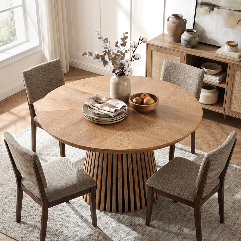 47-Inch Round Dining Table, Wood Round Table for 4, Mid-Century Modern Dining Table with Stable Pedestal Base, Easy Assembly
