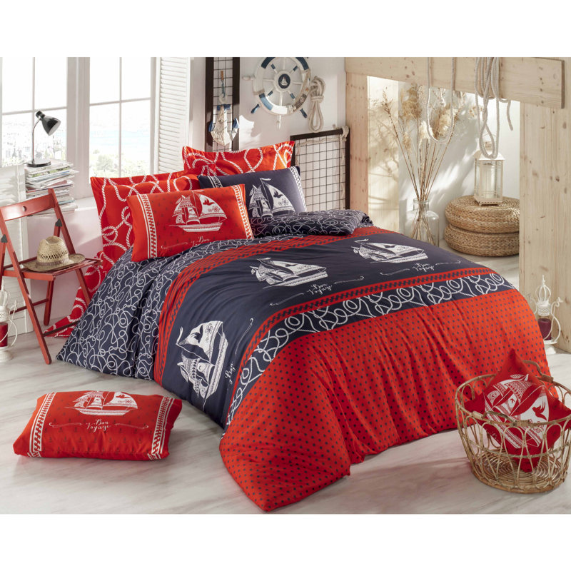 Ensemble de housse de courtepointe Luxury King, 100% coton Ranforce, rouge, bleu foncé et blanc | 95,0 x 86,6 pouces | Doux et respirant, lavable à la machine à 30 ° C, 140 fils, fermeture à boutons et enveloppes, parfait pour les chambres confortables