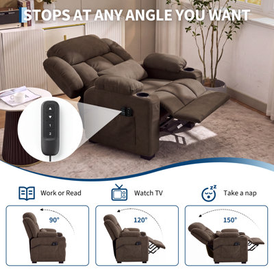 Fauteuil inclinable électrique surdimensionné avec 2 préréglages de mémoire, chaleur et massage, charge USB, porte-gobelet - revêtement en chenille confortable pour le salon, grands et grands adultes | Brun café