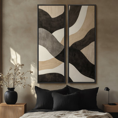 Neutral Wave Pattern Modern Abstract for Dining Room - Set of 2 Framed Wall Art Print on Canvas 60"x20"x2pcs