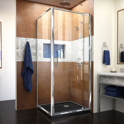 Cabine de douche carrée demi-cadre avec porte-serviettes et base Flex incluse l 36 po x P 36 po x H 74,75 po