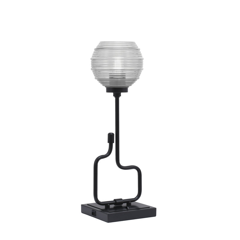 Lampe d'appoint Amarmula, avec ports USB, finition noir mat, verre strié transparent de 6 po, Noir, Clair