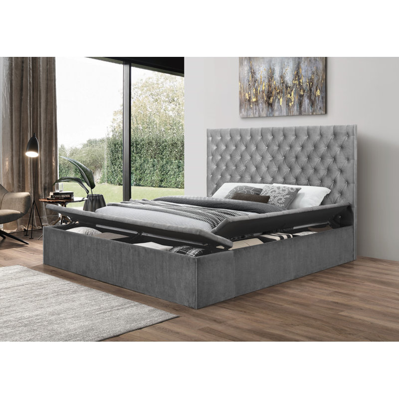 Lit plateforme tapissier Zaniyah, Grand, Gris argenté