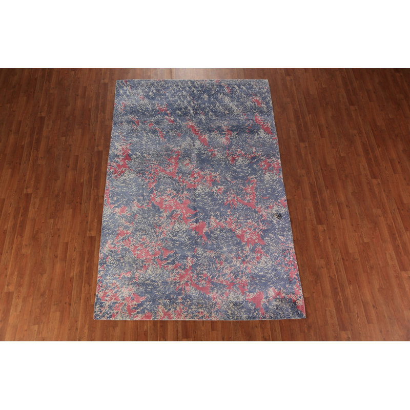 Tapis indien moderne et abstrait bleu 6 x 9