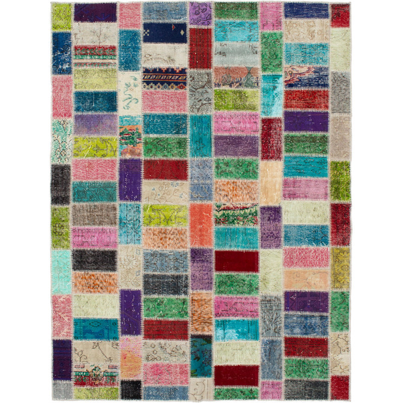 Tapis décoratif turquoise/rouge/beige en laine noué à la main de conception unique 5 pi 6 po x 8 pi 1 po Beppino