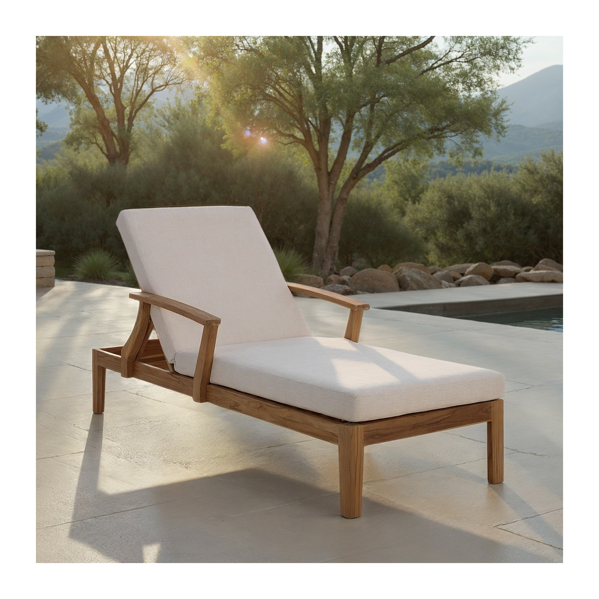Clairmont Patio Chaise Lounge, White Cushion /Natural Teak Wood Frame