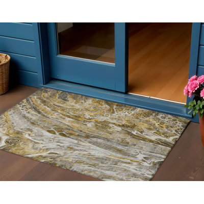 Tapis extérieur lavable abstrait taupe et doré 3 pi x 5 pi brun