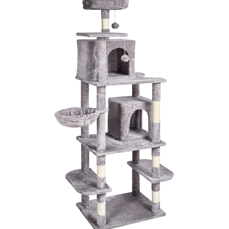 Grey Cat Tree 68.5", A Activity Centre With Condos, Scratching Post, Top Perch And Hanging For Cats' Exploration Needs Large Cats