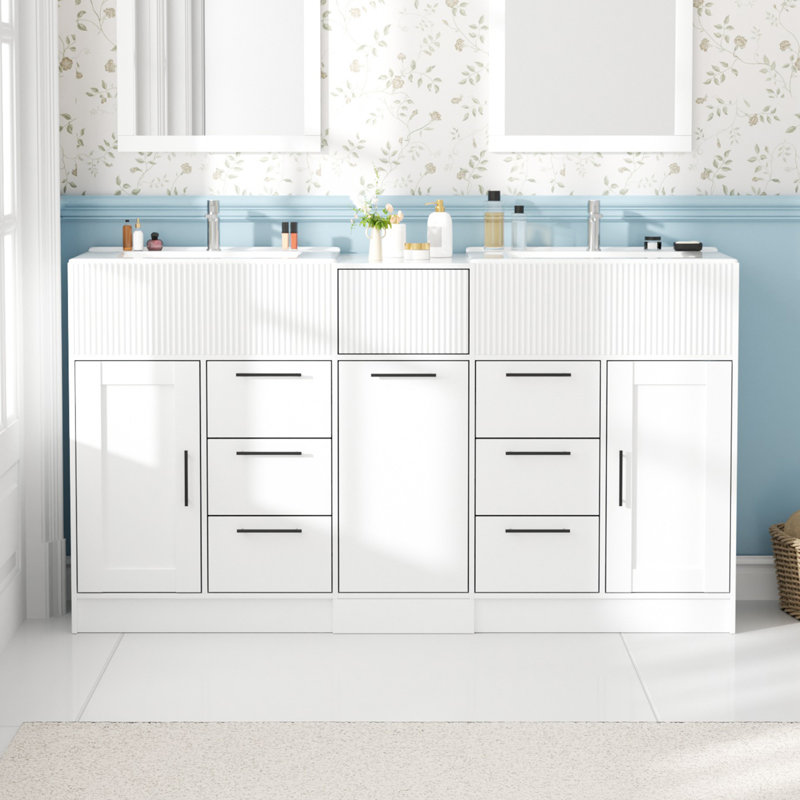 60" Modern White Freestanding Double Sink Bathroom Vanity Set with Integrated Sinks and Storage, White