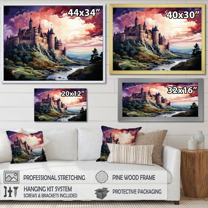 Château français médiéval, H 16 po x l 32 po x P 1 po, Cadre simple noir