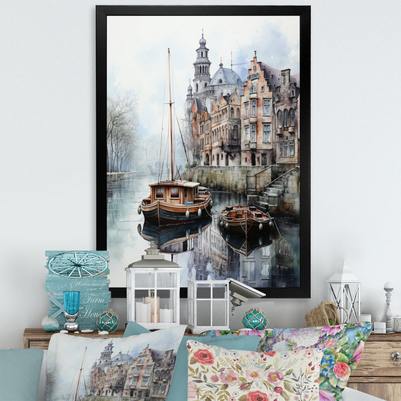 «Beige Canal Reflections» en monochrome sur toile, Cadre photo noir, H 32 po x l 24 po x P 1 po
