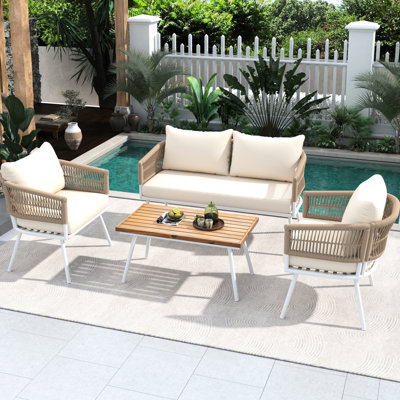 4 meubles de patio avec table et tissu en bois beige