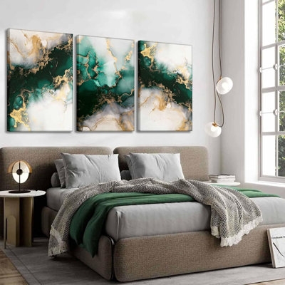 3 pièces émeraude vert et or sur toile, art mural moderne abstrait glam, peinture sur marbre, salon, affiches murales, impressions pour chambre à coucher, salle de bain, bureau, décoration de la maison