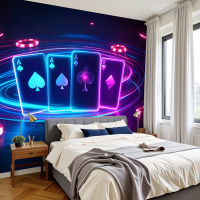 Peel and Stick Wallpaper 96" W x 69" H Modern Self Adhesive Wall Mural for Bedroom Neon Casino Playing Cards Poker Chips Rings Dark Big Win Jackpot