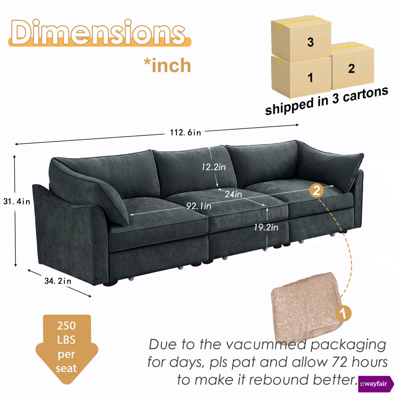 Wauseon 112.6"W Chenille 3 - Seater Sofa , With Pull - Out Storage Drawers Under Each Seat，Armrest Crescent Design.