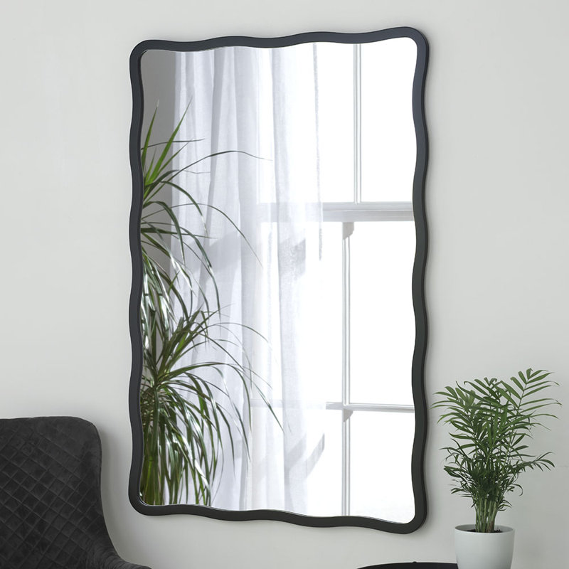 Brexten Flat Wall Mirror, 90cm H x 60cm W, Matte Black, Scalloped/Wavy/Rectangle