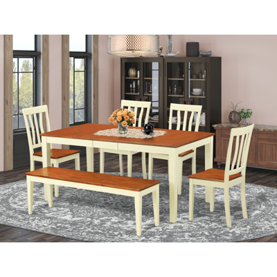 6 Piece Kitchen Table & Chairs Set Contains a Rectangle Dining Table with Butterfly Leaf and 4 Dining Room Chairs with a Bench, Buttermilk & Cherry