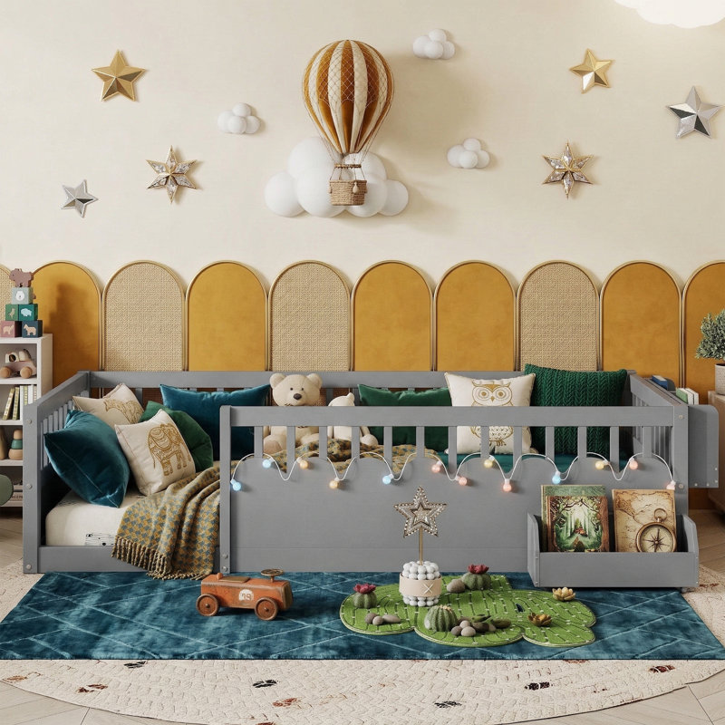 Lit simple 78,5 po Montessori avec rails surélevés et tablette de rangement, Gris