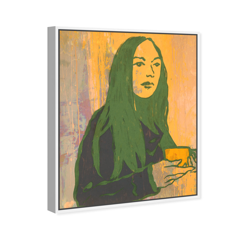 Lady Green Tea - peinture sur toile, H 20 po x l 16 po, Toile blanche encadrée