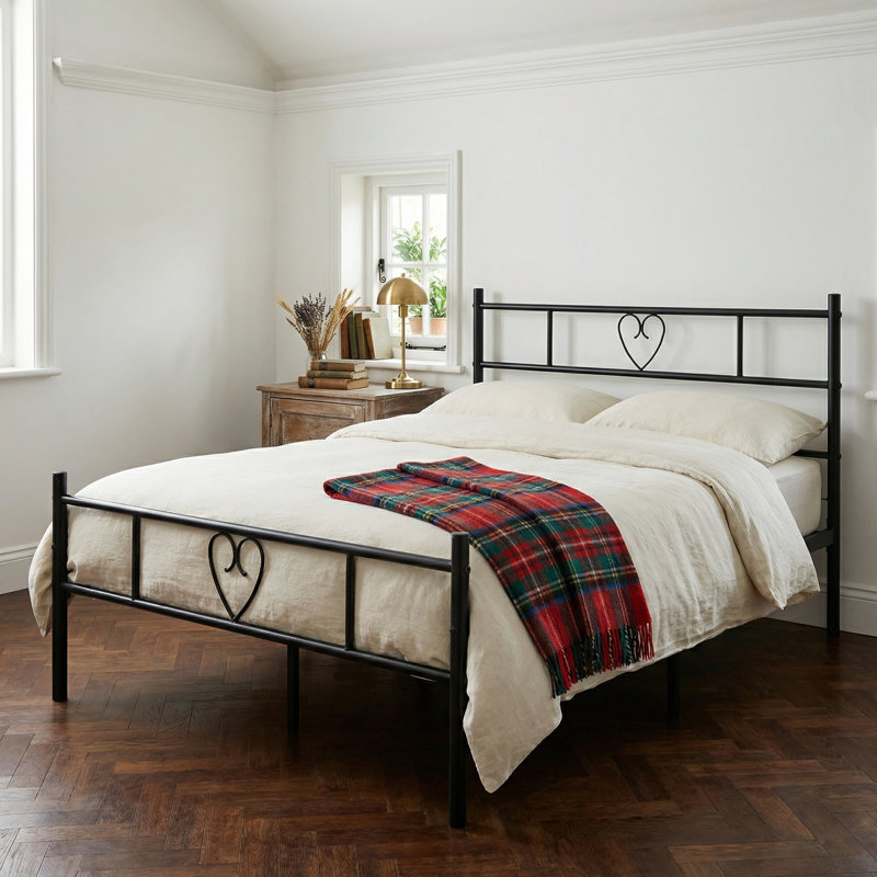 Aaru Heart Design Metal Bed Frame with Headboard & Footboard, Black, Small Double (4')