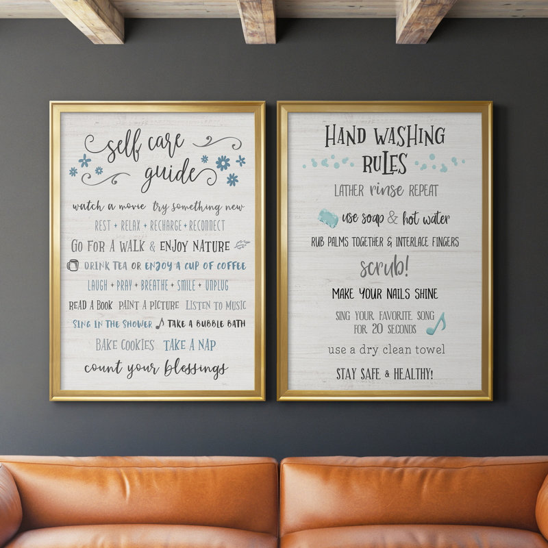 Guide to Self Care - Ensemble 2 pièces d'art textuel sur toile, Toile avec cadre doré, H 26,5 po x l 73 po x P 1,5 po