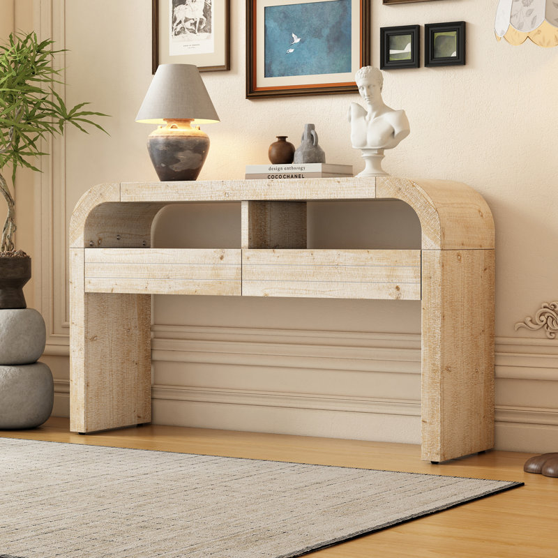 Console rétro en bois 52 po avec 2 tiroirs de rangement, Bois naturel délavé