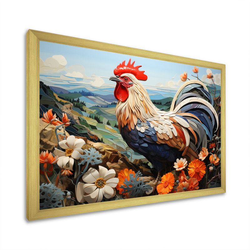 Portrait de coq avec des fleurs de montagne, Cadre doré simple, H 12 po x l 20 po x P 1 po