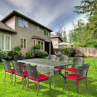 Ensemble de 9 meubles de patio en aluminium coulé avec cadre noir et coussins de siège rouges