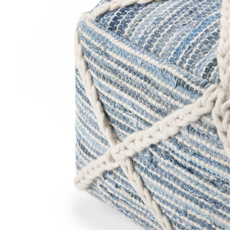 Pouf carré de 20 pouces de largeur en laine et coton tissés à la main bleu et naturel