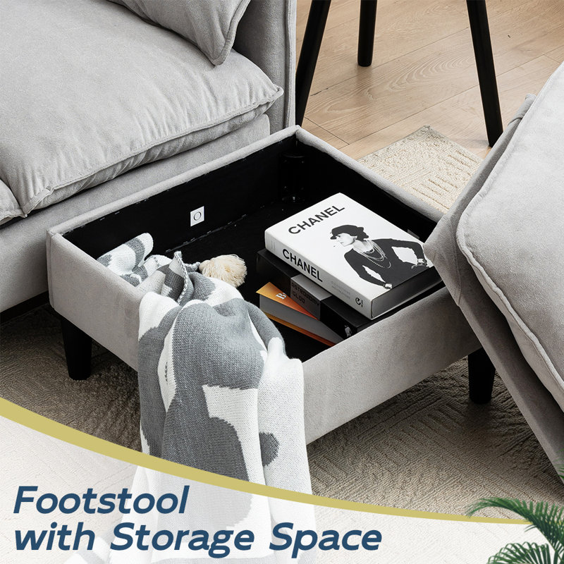 Canapé convertible en L avec repose-pieds et rangement, Tissu beige