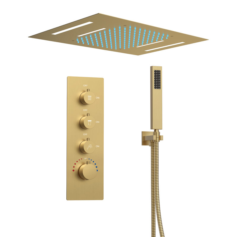 Thermostatic LED Rainfall Shower System, Ceiling Mounted Waterfall Showerhead with Handheld Spray, Brushed Gold