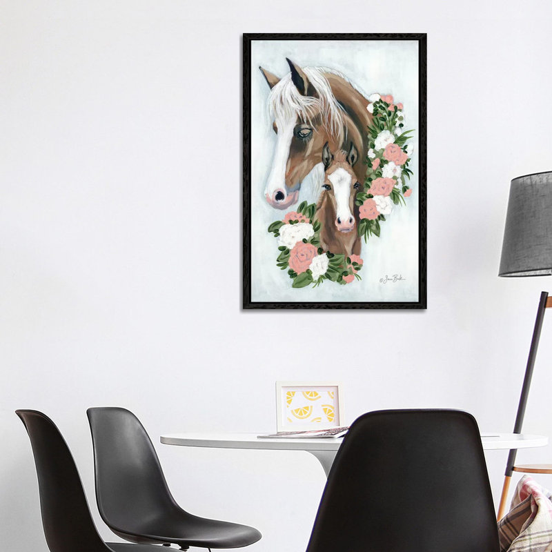 Floral Ponies 1 Piece Wall Art on Canvas, 101.6 cm H x 66.04 cm W, Black Framed