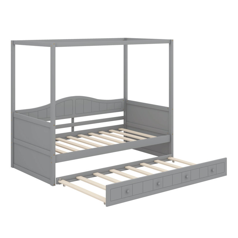 Lit à baldaquin et lit simple avec lit gigogne et plateforme en bois avec tête de lit, Gris