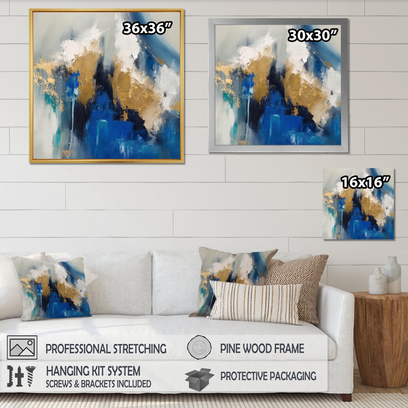 Ethereal sachant bleu royal et or - peinture abstraite, art mural, salon, H 36 po x l 36 po x P 1,5 po, Cadre flottant doré