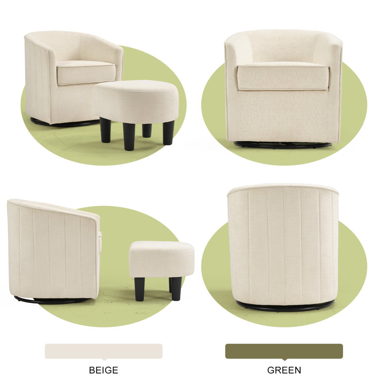24.4" W Contemporary Soft Upholstered Swivel Barrel Chair With Ottoman, Beige, 3
