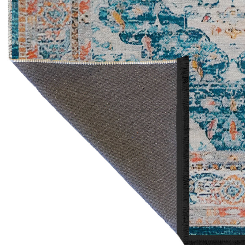 Tapis décoratif orange et bleu à motifs traditionnels, Rectangle 5 pi 1,02 po x 7 pi 6,55 po