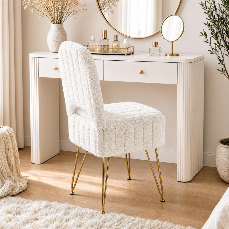 Fauteuil de coiffeuse blanc avec dossier et rangement White, Grand blanc, Teddy plush
