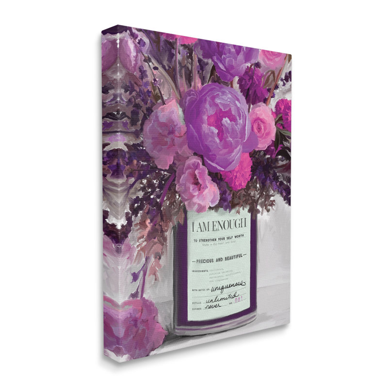 «I Am Enough Inspirational phrase mauve, fleurs roses, art mural surdimensionné sur toile tendue par Kamdon Kreations