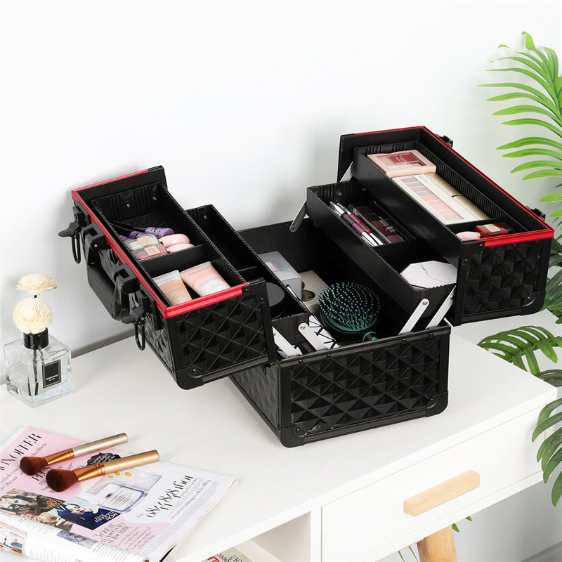 Professional Cosmetic Case Lockable Makeup Box Beauty Travel Case, Red/Black