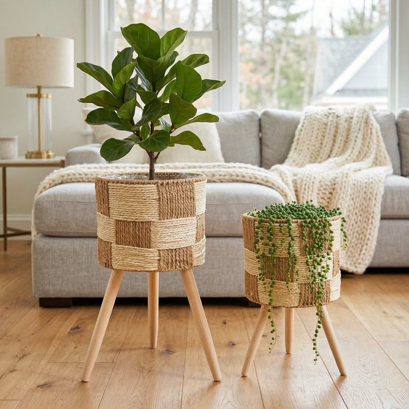 Ensemble de supports à plantes tissés 2 pièces avec base en bois et doublures en plastique Boho