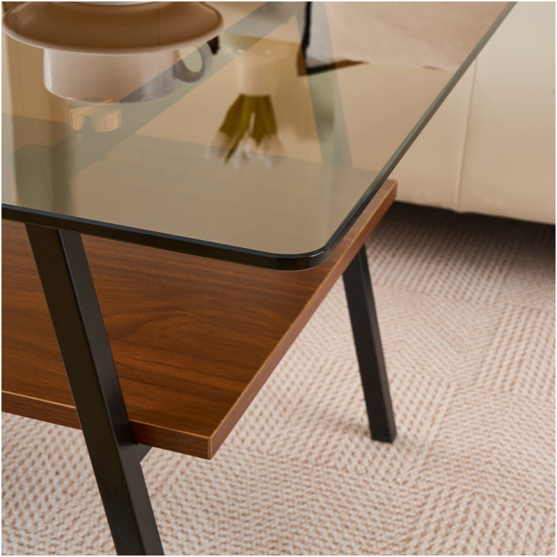 Table basse rectangulaire, plateau en verre trempé avec pieds en métal noir, table moderne pour le salon, verre brun