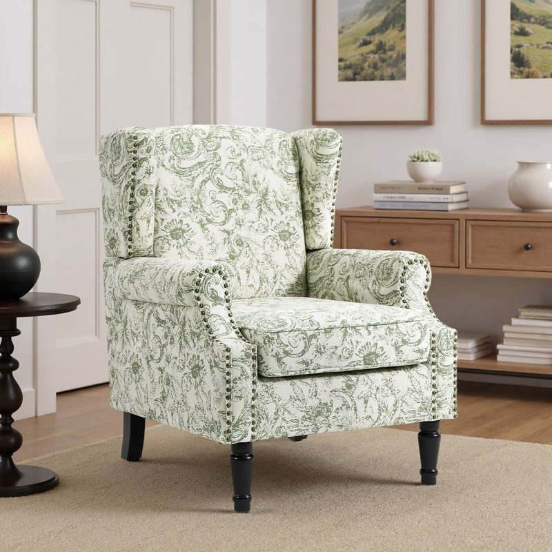 Duward Rococo Green Floral Upholstered Wingback Accent Chair with Nailhead Trim, Rococo Green 