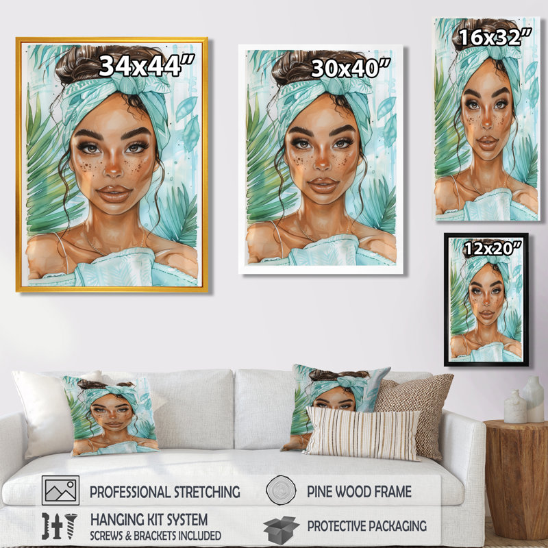 «Rose Blue Self Care Woman In Bathroom V», reproduction d'art mural de salle de bain, Cadre flottant noir, H 12 po x l 20 po