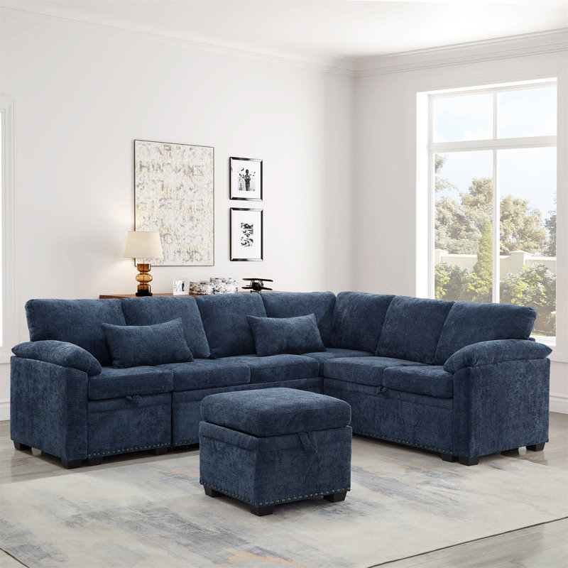 Canapé modulaire en L de 97 po avec siège et repose-pieds de rangement en L 97 po, Chenille bleu foncé