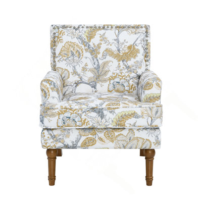 Accent Chair, Floral Armchair, Nailhead Trim, Gold and Grey Decor, Solid Wood Legs, Farmhouse Furniture, Upholstered Slipper Chair, Side Chair, Traditional Print, Wayfair Living Room.