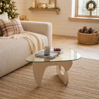 Mid-Century Modern Glass Top Wood Base Coffee Table for Compact Living Room Spaces and Elegant Home Decor